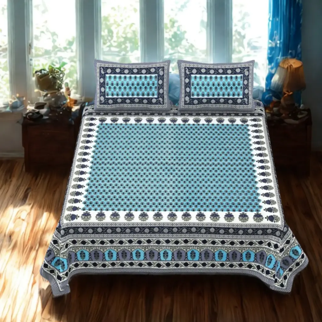 BLUE/Super Home 108x108 Inches King Size Bedsheet – Floral Printed Cotton