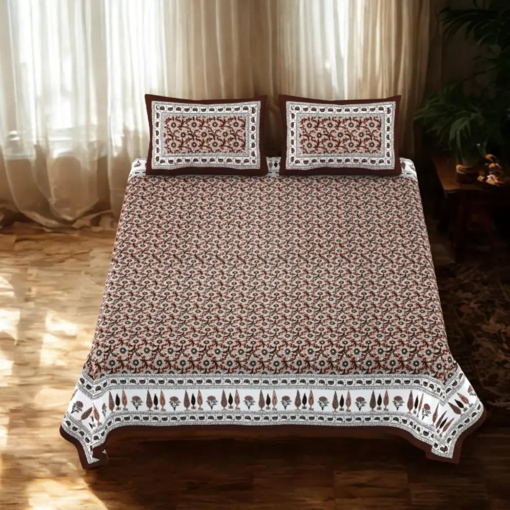 BROWN/Super Home Premium 108x108 Inches Bedsheet – Stylish Floral Pattern