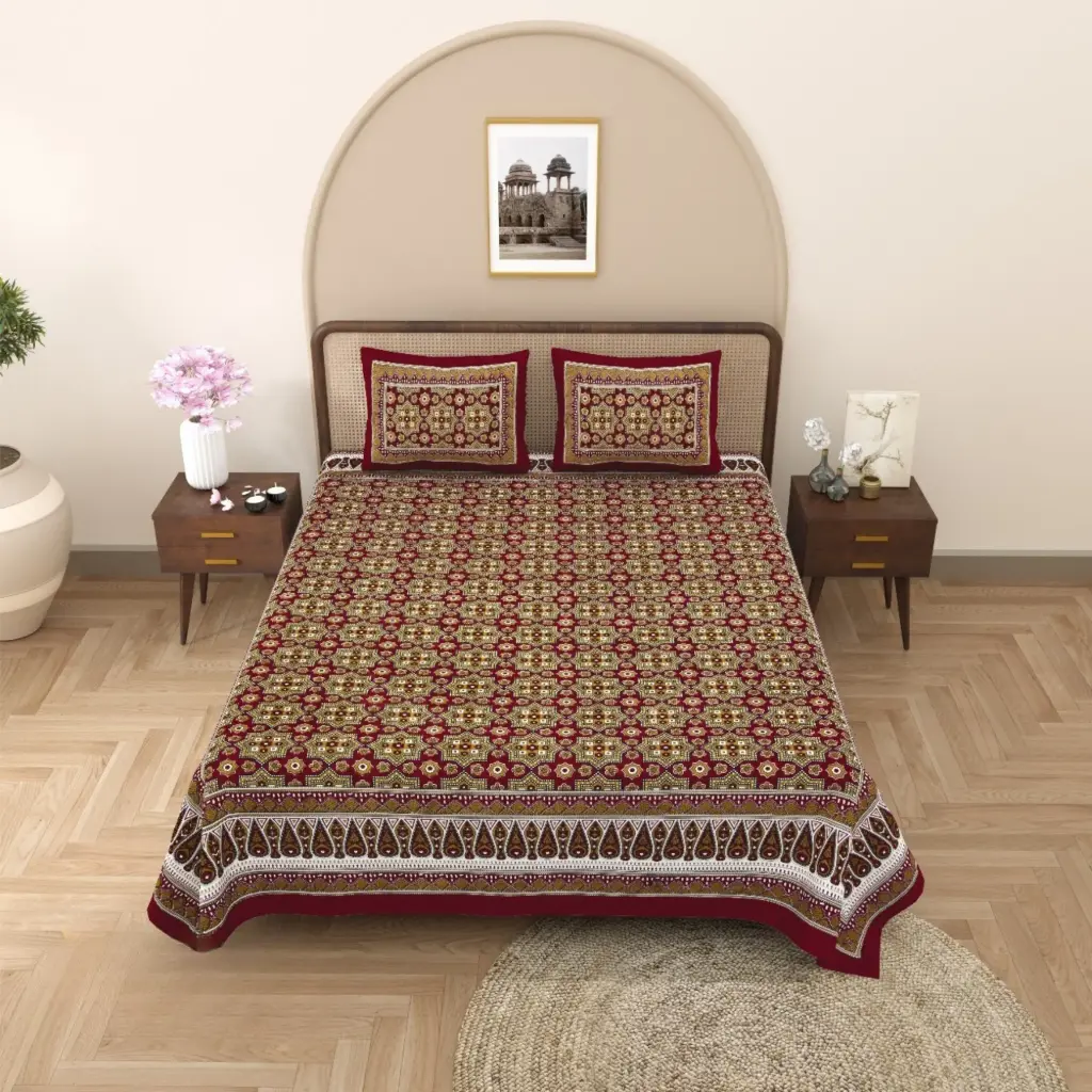 Super Home Premium Kalamkari Cotton Double Bedsheet 93×108 Inches with 2 Pillow Covers