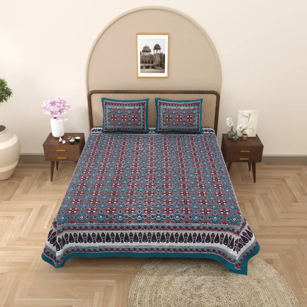 Teal Blue | Super Home Traditional Kalamkari Print Bedsheet – 100% Cotton King Size 93×108 Inches