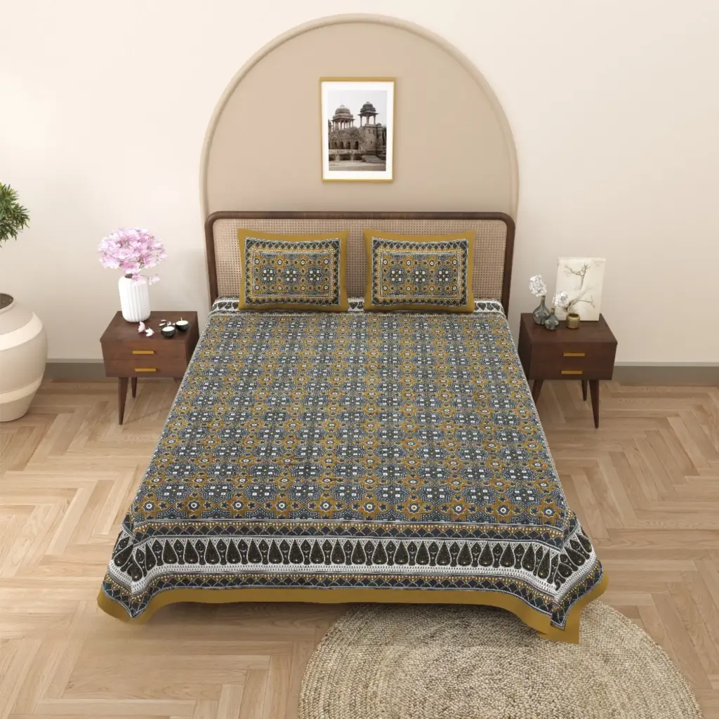 Super Home Handcrafted Kalamkari Style Bedsheet – Soft Cotton Fabric, King Size 93×108