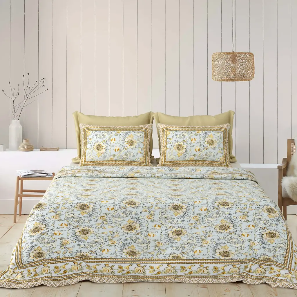 YELLOW/Super Home Luxury Glace Cotton Bedsheet 93x108 Inches with 2 Pillow Covers