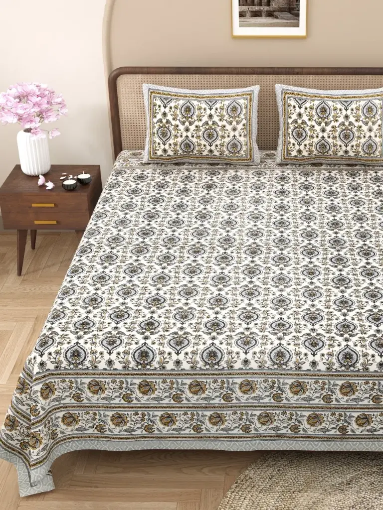 GREY/108x108 Inches Pure Cotton Double Bedsheet with 2 Pillow Covers – Easy Care & Long Life/SUPERHOME