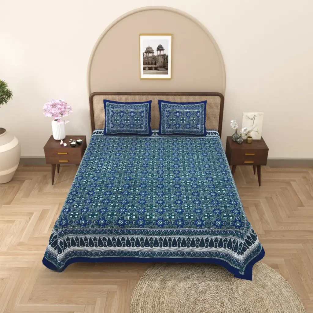 BLUE/Super Home Kalamkari Print Double Bed Bedsheet with 2 Pillow Covers | 93×108 Inches Cotton Bedsheet