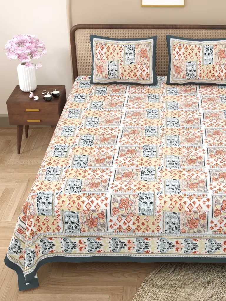MULTICOLOR/Ethnic Print 108x108 Pure Cotton King Size Bedsheet with 2 Pillow Covers – Traditional Design/SUPERHOME
