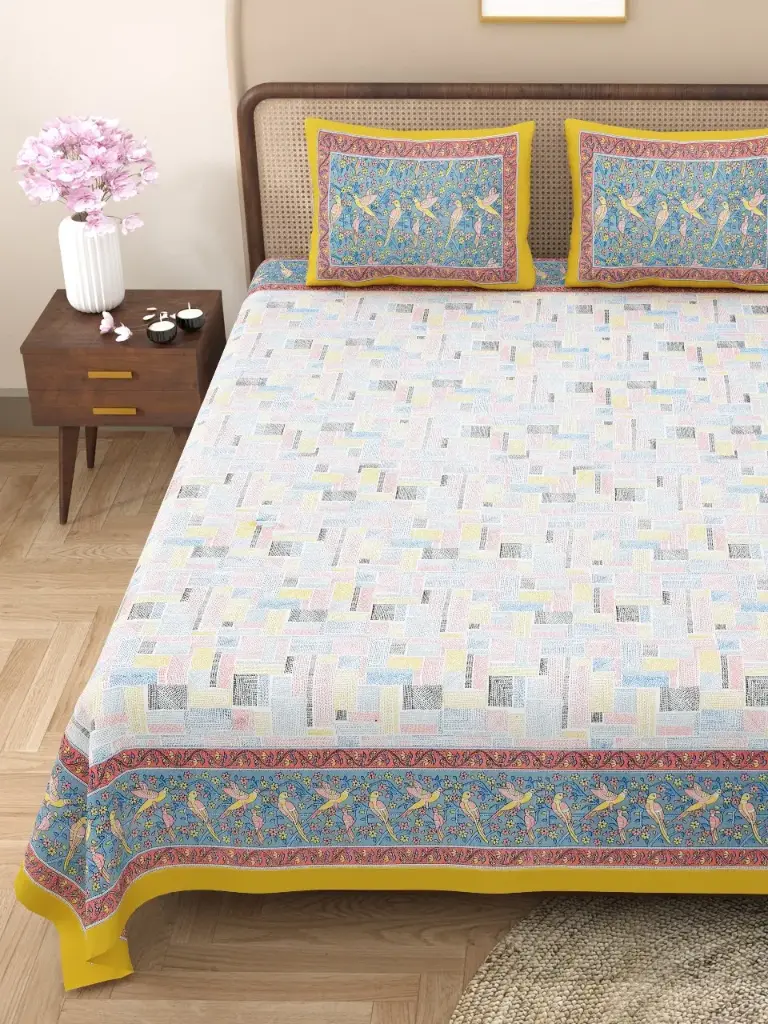 WHITE & GREEN /Premium Quality Pure Cotton Bedsheet 108x108 Inches with 2 Pillow Covers – Easy Wash/SUPERHOME