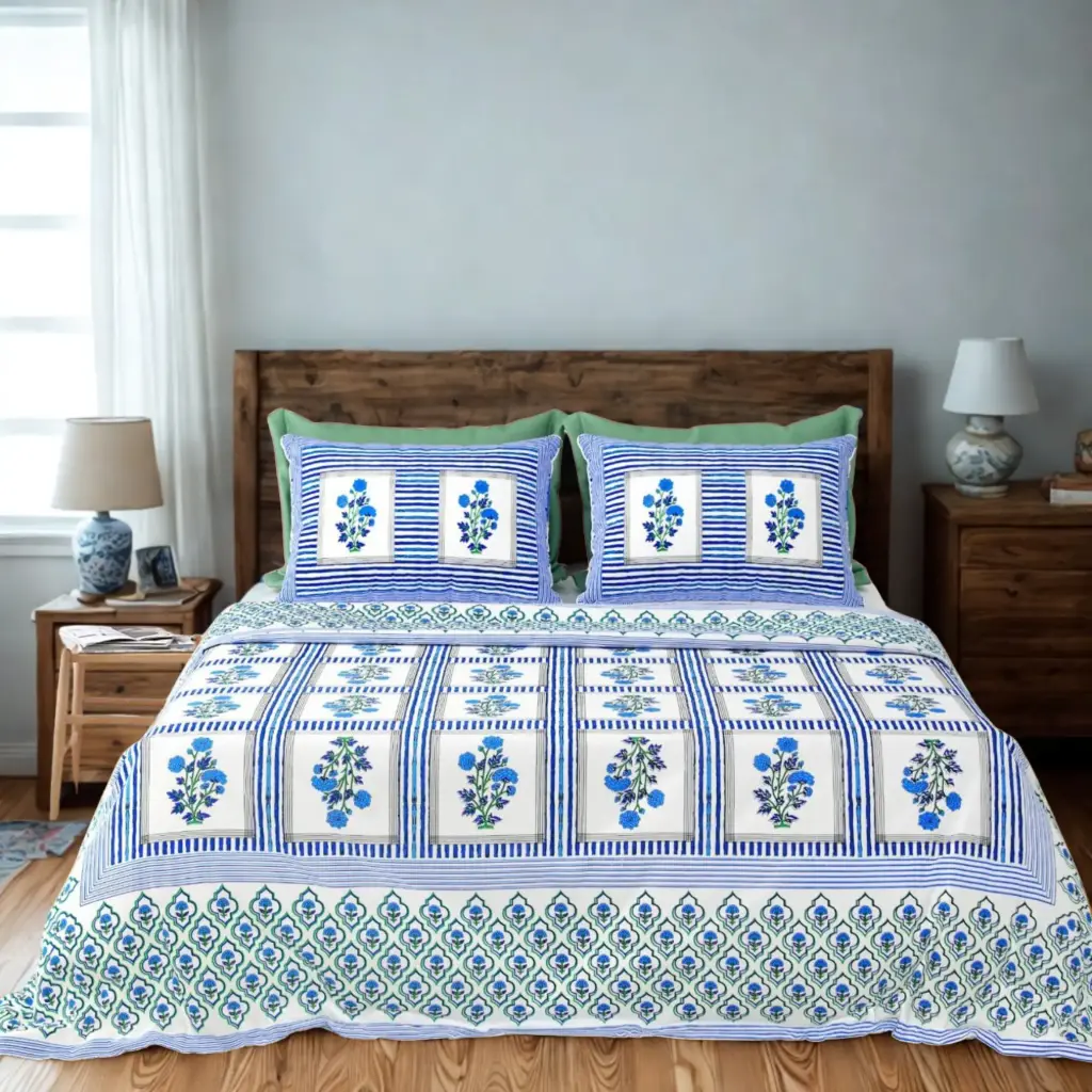 Blue & White | Super King size Bedsheet 108*108 inches |2 pillow covers| Pure cotton|