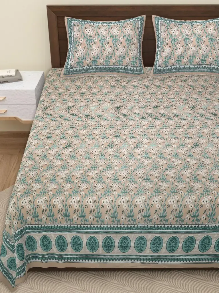 GREEN/108x108 Pure Cotton Bedsheet with 2 Pillow Covers – Premium Finish & Comfort/SUPERHOME