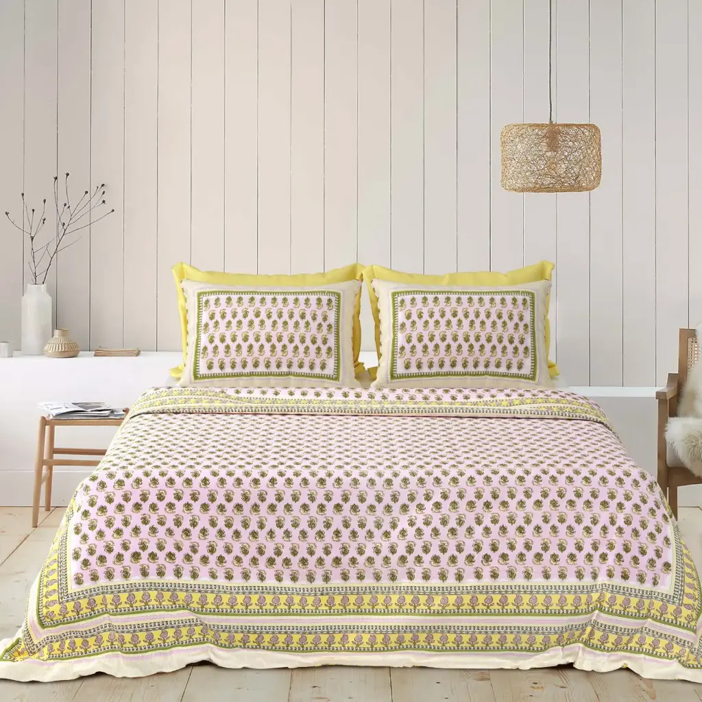 PINK & YELLOW/Super Home Breathable Pure Cotton Bedsheet 93x108 Inches with 2 Pillow Covers/SUPERHOME