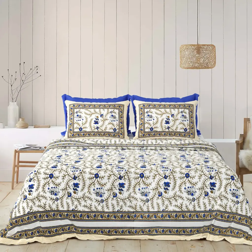 BLUE/Super Home Comfortable 93x108 Cotton Double Bed Bedsheet with Pillow Covers/SUPERHOME