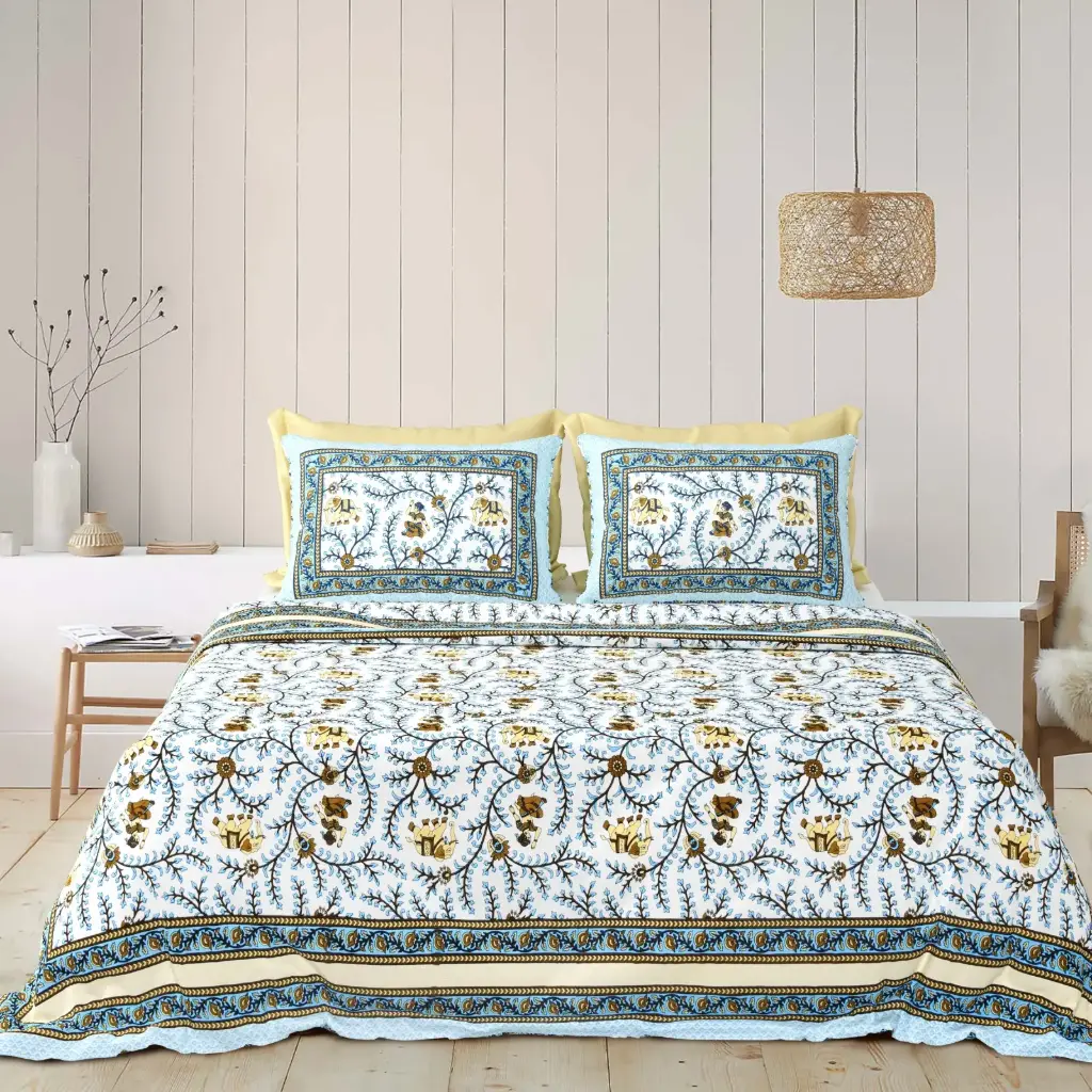 GREEN LEAVES/Super Home Comfortable 93x108 Cotton Double Bed Bedsheet with Pillow Covers/SUPERHOME