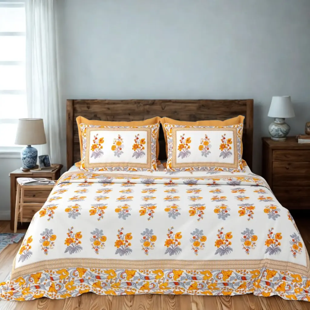 Orange & White | Super King size Bedsheet 108*108 inches |2 pillow covers| Pure cotton|