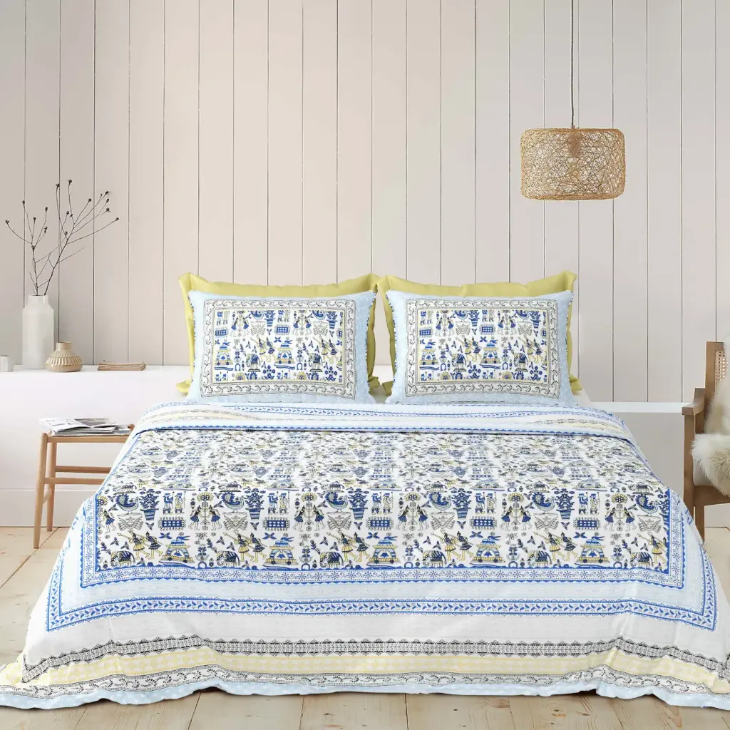 BLUE/Super Home Large Size 93x108 Cotton Bedsheet with Matching Pillow Covers