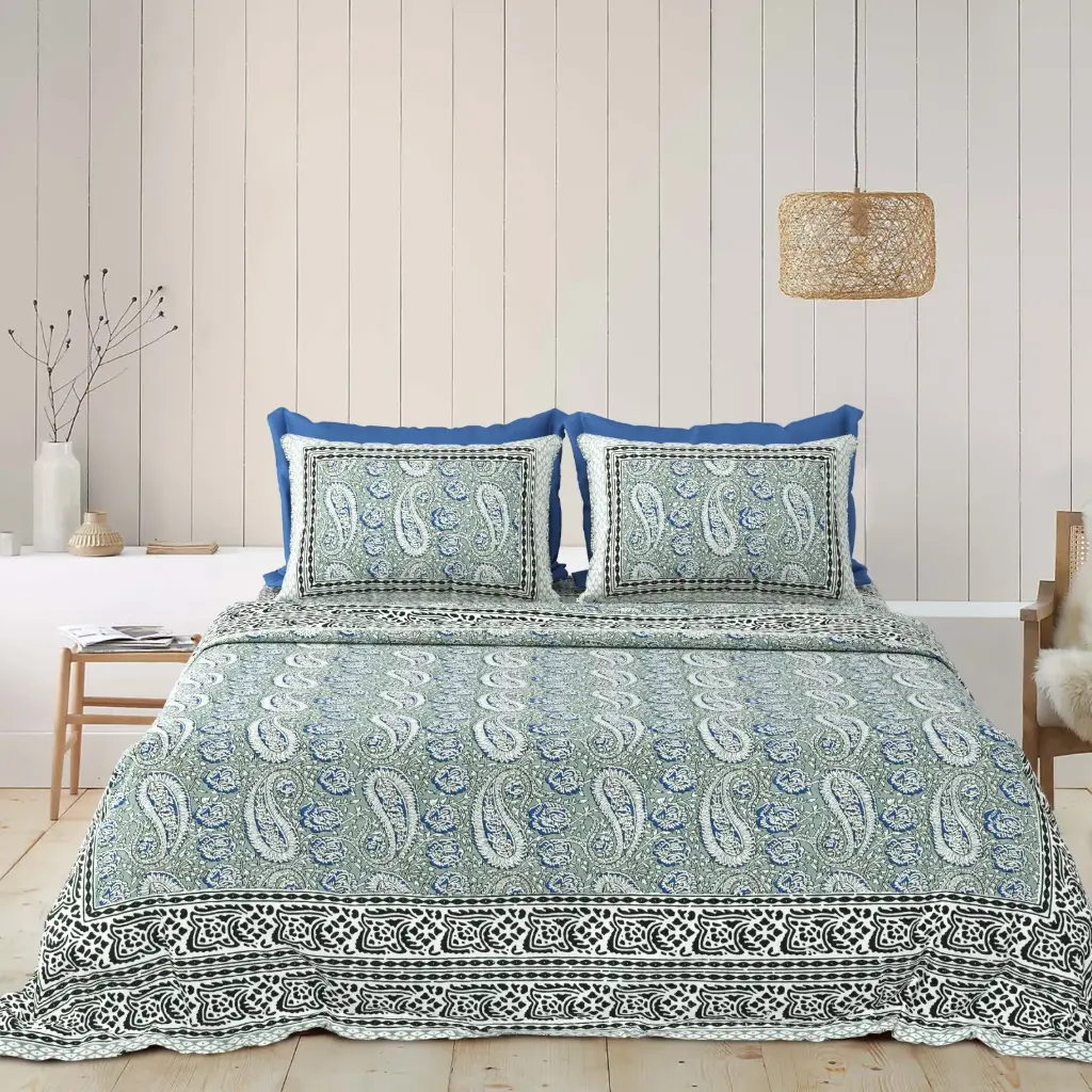 BLUE & GREY/Super Home Large Size 93x108 Cotton Bedsheet with Matching Pillow Covers