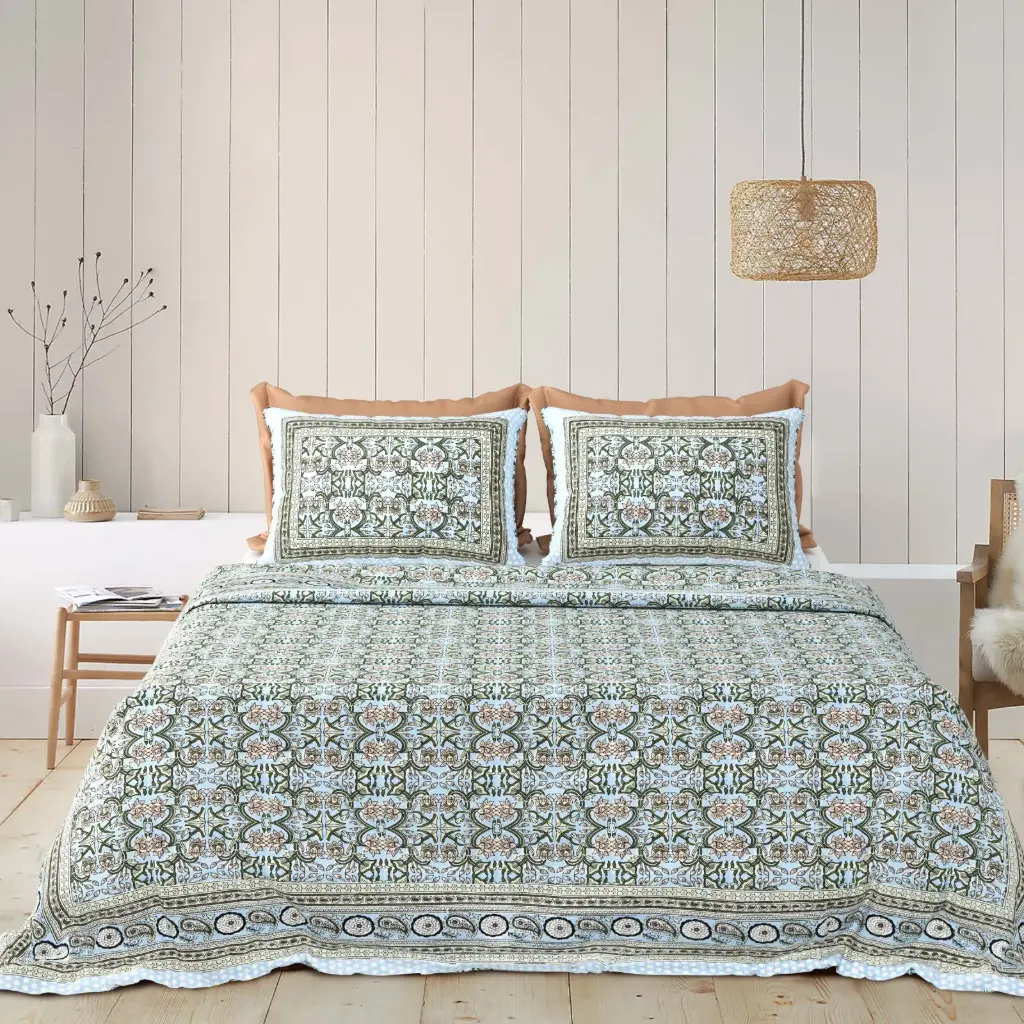 Blue/Super Home Comfortable Cotton Bedsheet 93x108 Inches with 2 Pillow Covers