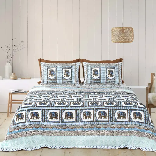 BLUE/Super Home Elegant Print Pure Cotton Bedsheet 93x108 with 2 Pillow Covers