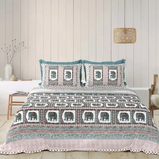 GREEN BLOCKS/Super Home Breathable Pure Cotton Bedsheet 93x108 for Double Bed with Pillow Covers