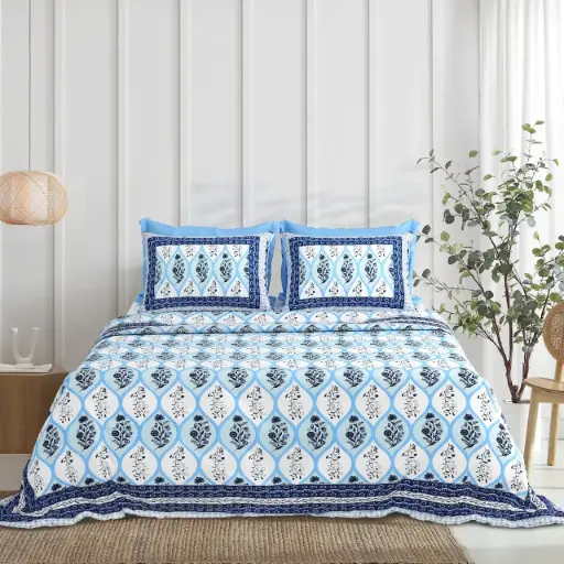 BLUE/Super Home Soft & Breathable Cotton Bedsheet 93x108 Inches with Pillow Covers
