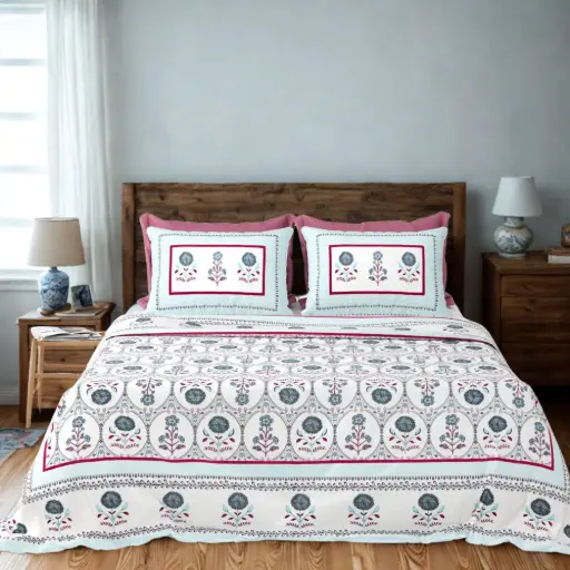 White & Pink| Super King Size Pure Cotton Bedsheet 108x108 with 2 Pillow Covers – Ethnic Print