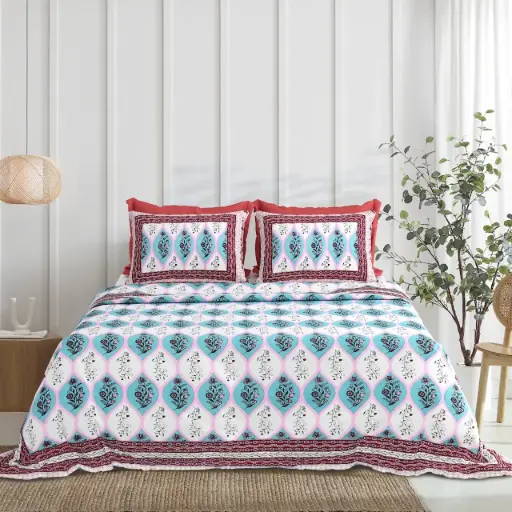 BLUE & PINK/Super Home High Quality Pure Cotton Bedsheet 93x108 Inches + Pillow Covers