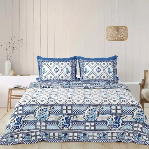 BLUE/Super Home Breathable Pure Cotton Bedsheet 93x108 for Double Bed with Pillow Covers