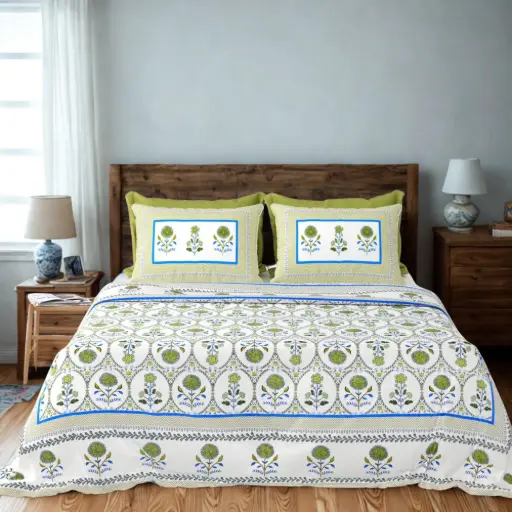 White & Green| Super King Size Pure Cotton Bedsheet 108x108 with 2 Pillow Covers – Ethnic Print