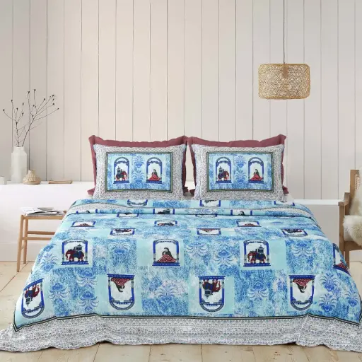 BLUE/Super Home Breathable Pure Cotton Bedsheet 93x108 for Double Bed with Pillow Covers