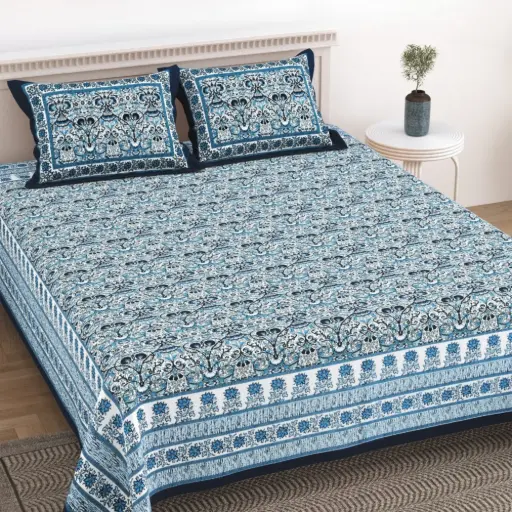 Blue/Super Home Premium Cotton Bedsheet 100x108 Inches with 2 Pillow Covers – Durable