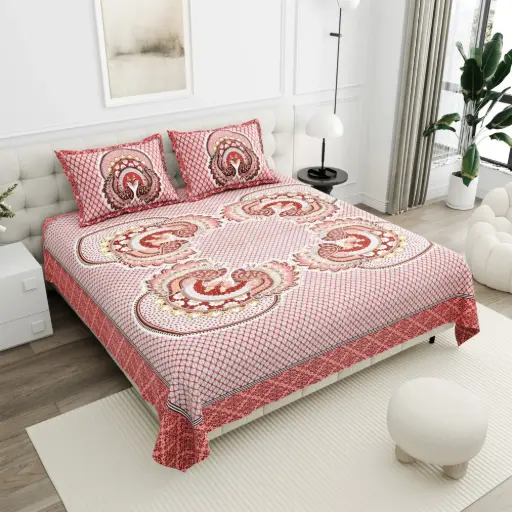 ORANGE/Super Home Double Size 100x108 Inches Pure Cotton Bedsheet with 2 Pillow Covers