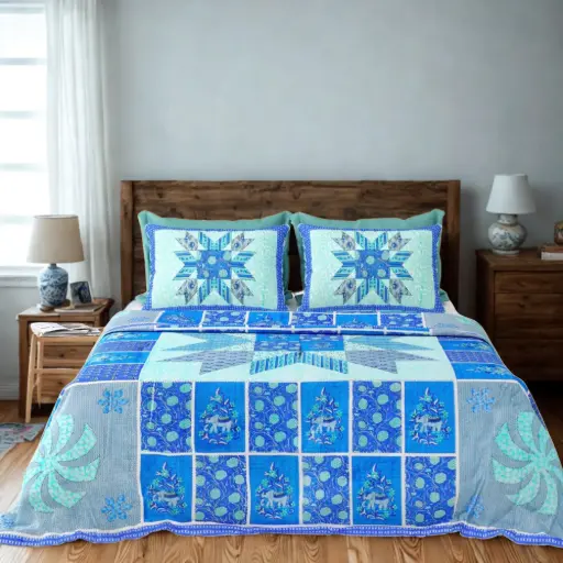 Blue Patchwork Pattern  100% Cotton Double Bed Super King Bedsheet 108x108 with Pillow Covers