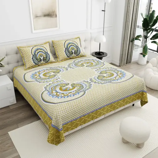YELLOW/Super Home 100x108 Pure Cotton Double Bedsheet with 2 Pillow Covers – Elegant Print