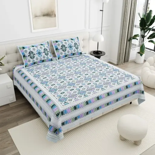 BLUE/Super Home 100x108 Pure Cotton Double Bedsheet with 2 Pillow Covers – Elegant Print
