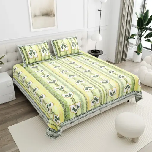 YELLOW/Super Home 100x108 Pure Cotton Double Bedsheet with 2 Pillow Covers – Elegant Print