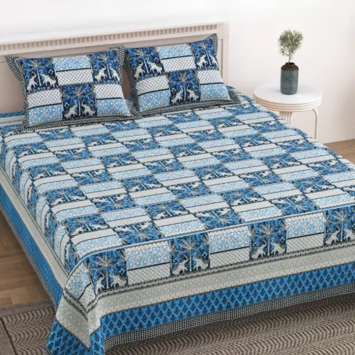 BLUE/Super Home 100x108 Pure Cotton Double Bedsheet with 2 Pillow Covers – Elegant Print
