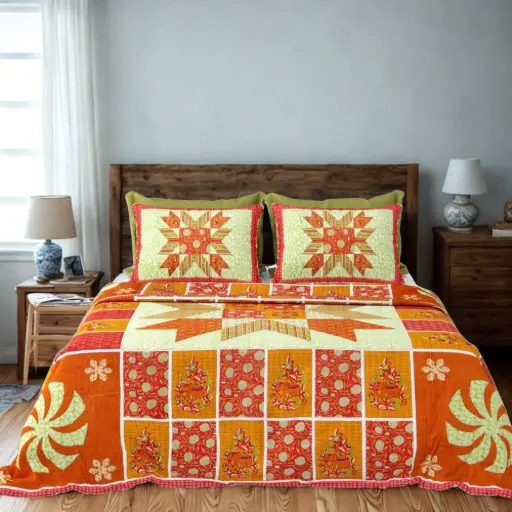 Orange Patchwork Pattern| 100% Cotton Double Bed Super King Bedsheet 108x108 with Pillow Covers