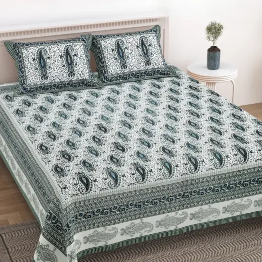 GREEN/Super Home Comfortable Cotton Bedsheet 100x108 Inches with Pillow Covers