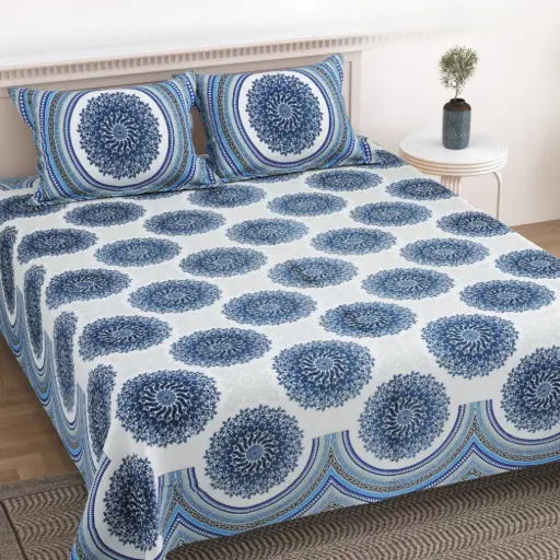 BLUE/Super Home Comfortable Cotton Bedsheet 100x108 Inches with Pillow Covers