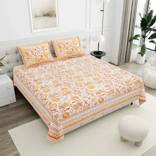 YELLOW/Super Home Soft & Smooth Cotton Bedsheet 100x108 Inches with 2 Pillow Covers