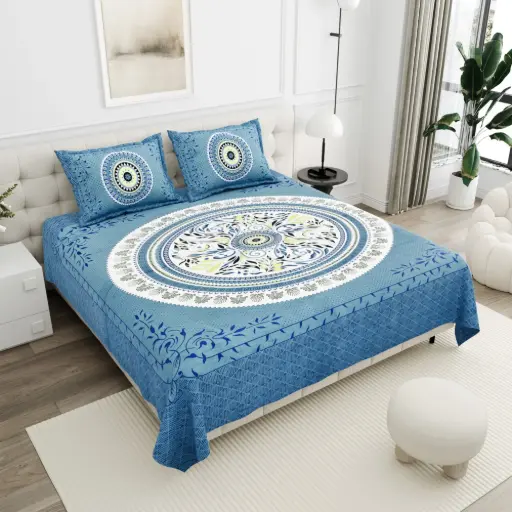 BLUE/Super Home Soft & Smooth Cotton Bedsheet 100x108 Inches with 2 Pillow Covers