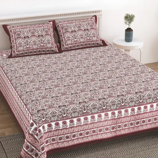 MAROON/Super Home 100x108 Inches Cotton Bedsheet with 2 Pillow Covers – Elegant Style