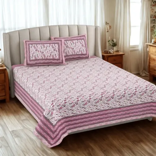 PINK/Super Home Premium Cotton Double Bedsheet 93x108 Inches with Matching Pillow Covers
