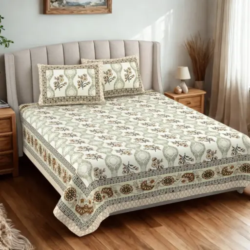 GREEN & BEIGE /Super Home Stylish 93x108 Pure Cotton Double Bedsheet with 2 Pillow Covers