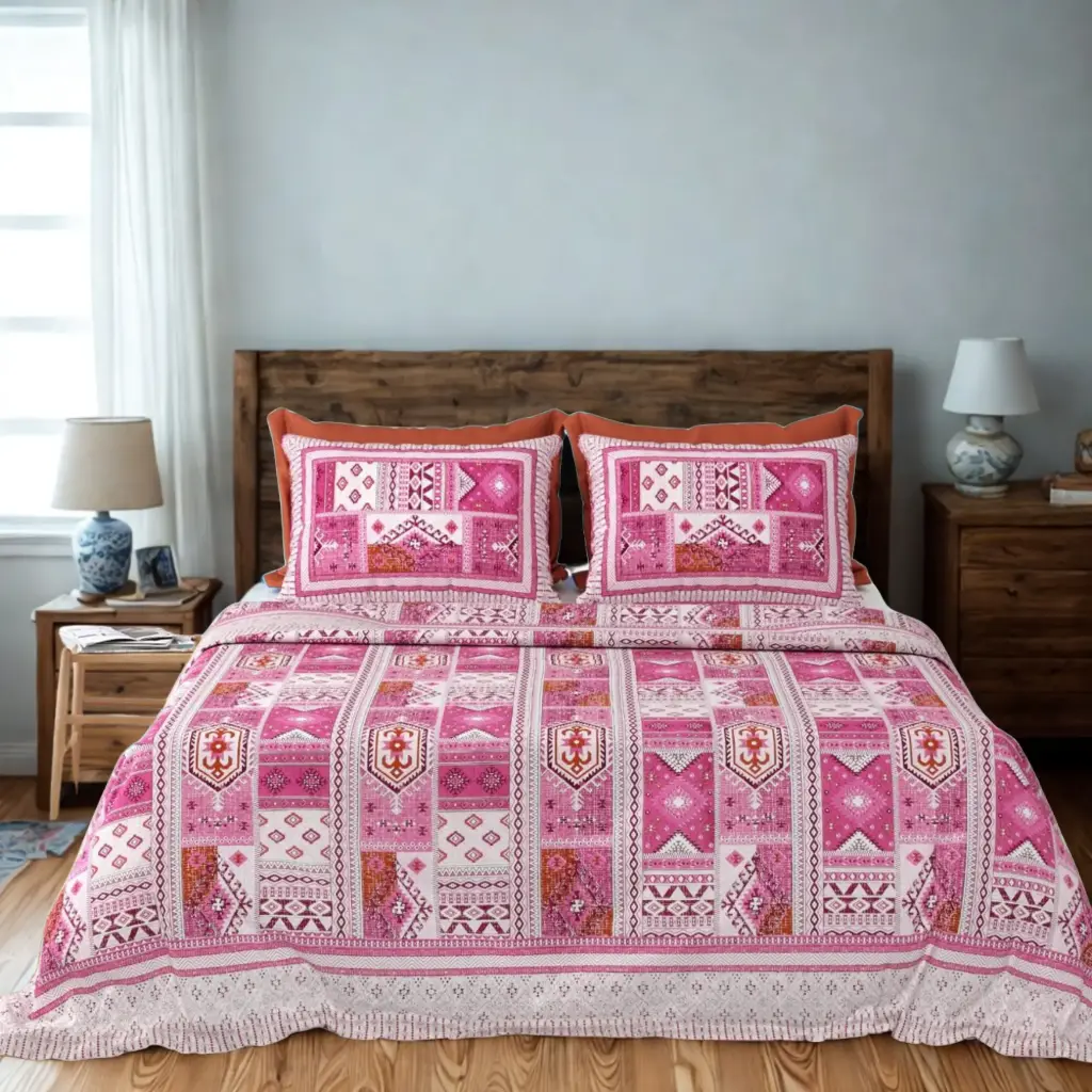 Pink Patch Design| Ethnic Print Cotton Bedsheet Super King Size with 2 Pillow Covers – Jaipuri Style