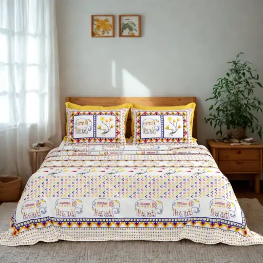 YELLOW/Super Home 93x108 Pure Cotton Double Bedsheet with 2 Pillow Covers – Elegant Home Décor