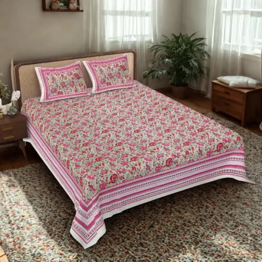 PINK/Super Home Pure Cotton 93x108 Inch Bedsheet with 2 Pillow Covers – Perfect for All Seasons