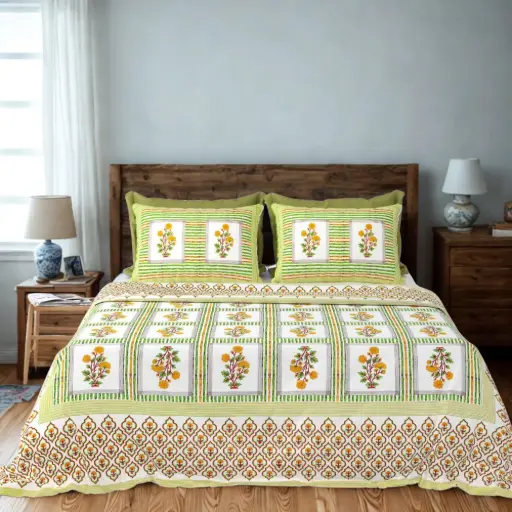 Green & Orange | Premium Pure Cotton Bedsheet Super King Size 108x108 Inches + 2 Pillow Covers