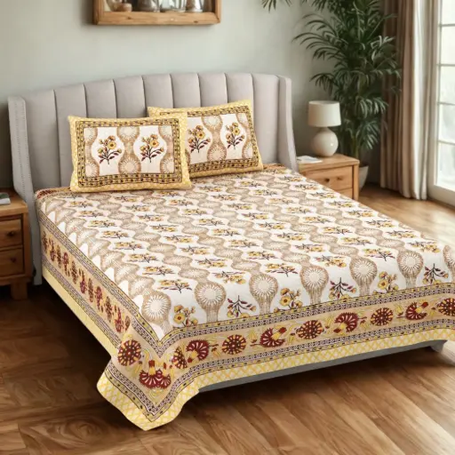 yellow/Super Home Premium 93x108 Inches Cotton Bedsheet with Pillow Covers