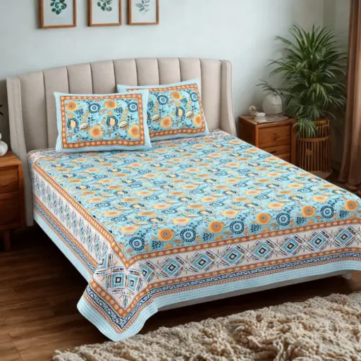 blue/Super Home Premium Pure Cotton 93x108 Inches Bedsheet with Pillow Covers