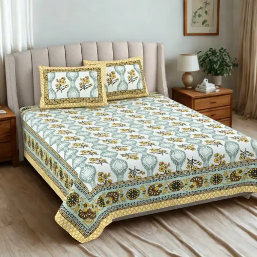 GREEN/Super Home 93x108 Inches Durable Cotton Bedsheet with Matching Pillow Covers