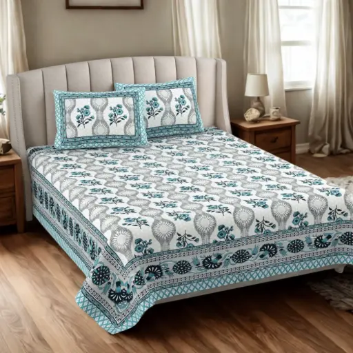 BLUE/Super Home 93x108 Inches Pure Cotton King Size Bedsheet for Double Bed